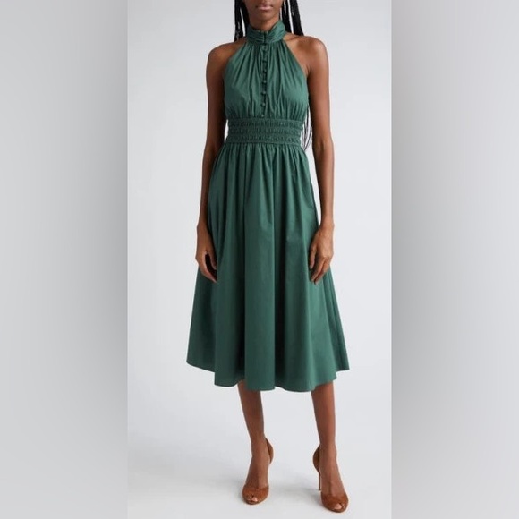 Veronica Beard Kinny Smocked Cotton Blend Midi Dress in Forest, Size 8, $498 - Picture 1 of 14